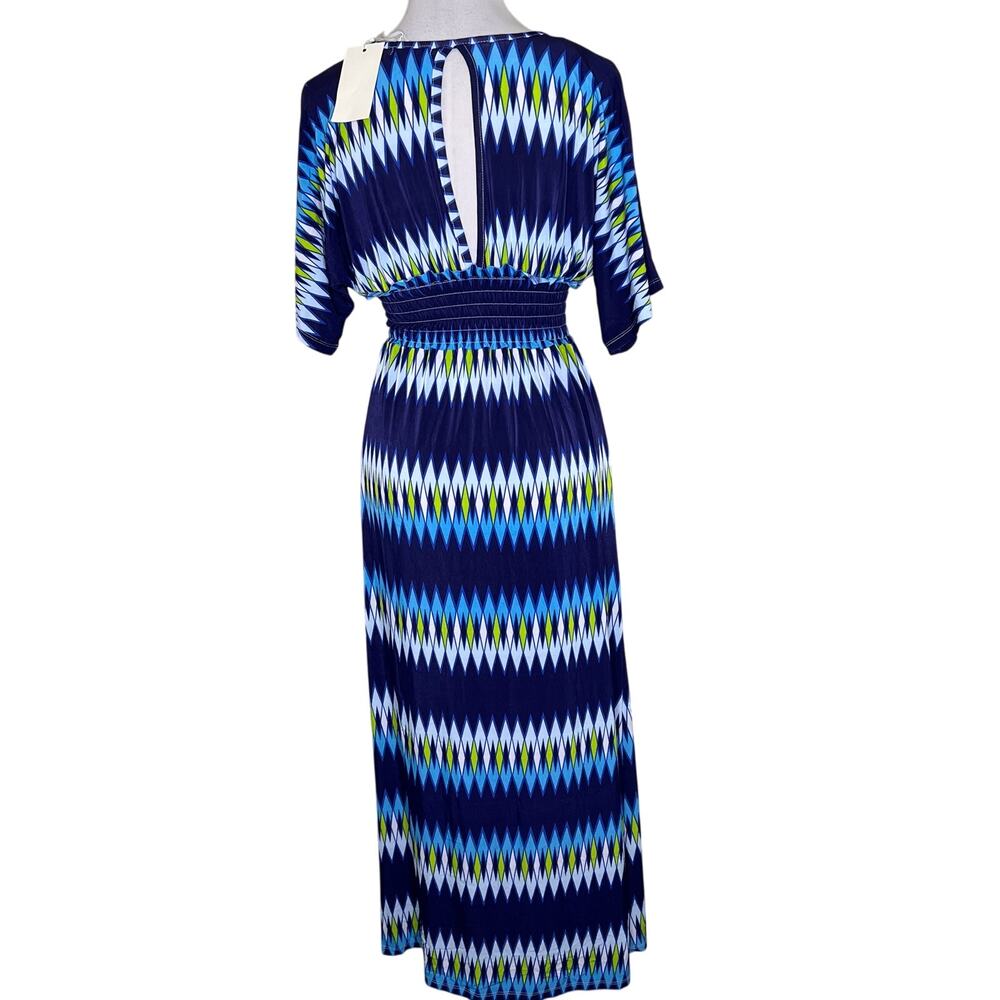 5th & Love Maxi Dress MEDIUM Blue Dolman Keyhole Jersey V-Neck Smocked Ruffle - Picture 3 of 9
